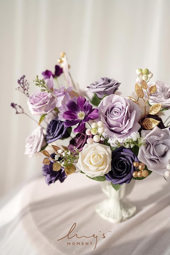 Ling's moment Artificial Flowers and Greenery for DIY Lilac & Cream Deluxe Box Wedding Bouquet Centerpieces Floral Arrangement Decor