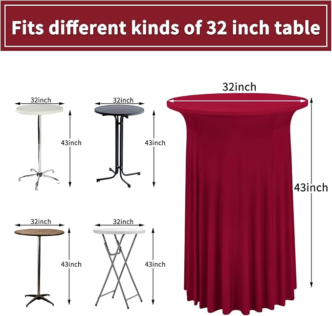 6 Packs Round Cocktail Table Skirt 32"x 43" Spandex Stretch Cocktail Tablecloth with Wavy Drapes, Wine Red Spandex Fitted High Top Table Covers for Wedding Bar Party Birthday Banquet Tables
