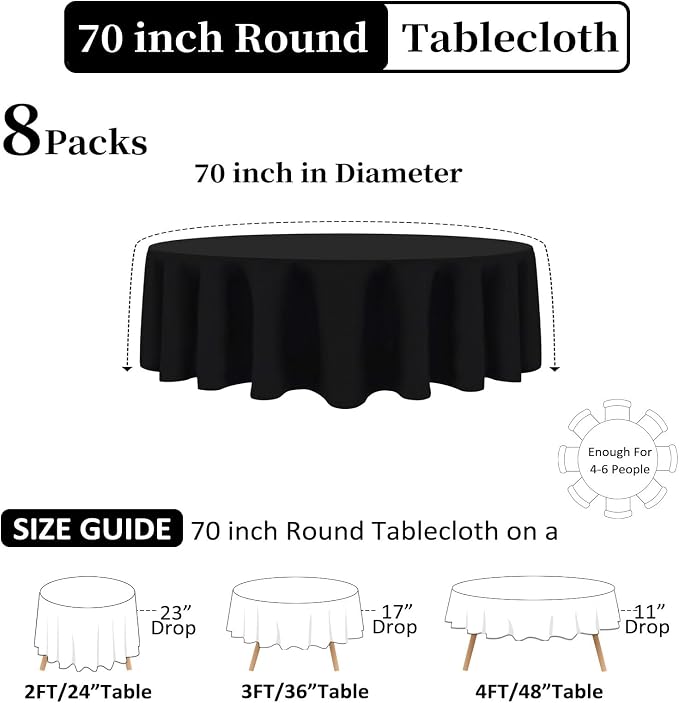 8 Pack Black Round Tablecloths 70 Inch Black Table Cloth (Fits 24-58 Inch Tables) Stain and Wrinkle Resistant Reusable and Washable Polyester Fabric for Buffet Wedding Party and Banquet