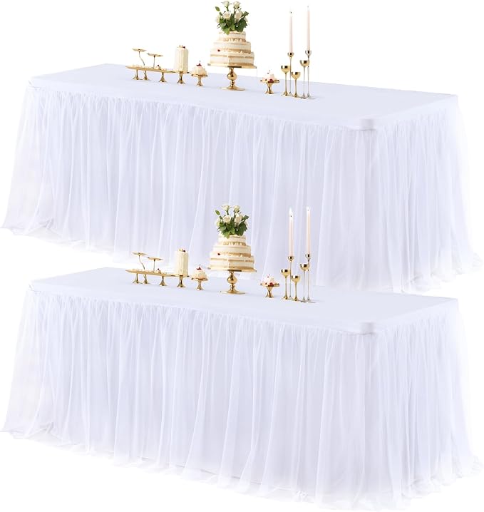 White Table Cloth Rectangle Table Covers for 6 Foot Tables, White Tulle Table Skirt Rectangle Table 6ft Stretch Tulle Tablecloth Skirt Fitted Elastic Banquet Party Wedding Table Cloth for 6 Foot Table
