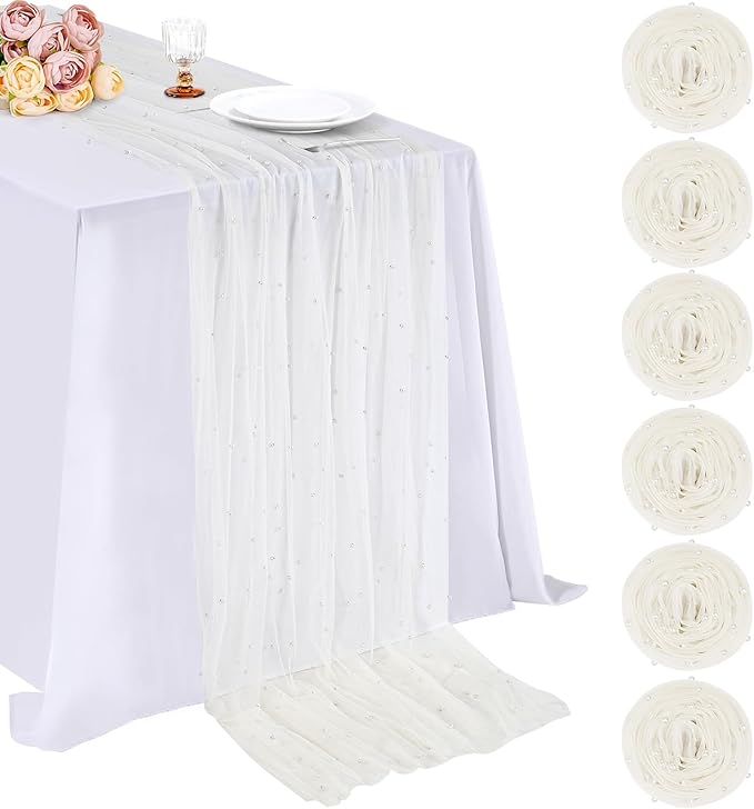 Pearl Beige Gauze Table Runner: 120 Inch 10FT Seasonal Sheer Dining Holiday Wedding Birthday Baby Shower Table Decor for Home Party