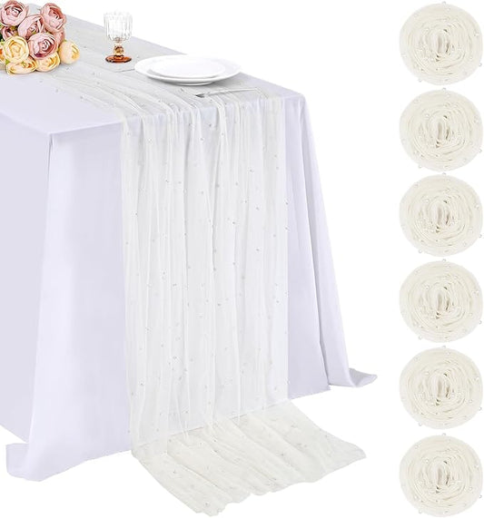 LuoluoHouse Pearl Beige Gauze Table Runner: 120 Inch 10FT Seasonal Sheer Dining Holiday Wedding Birthday Baby Shower Table Decor for Home Party