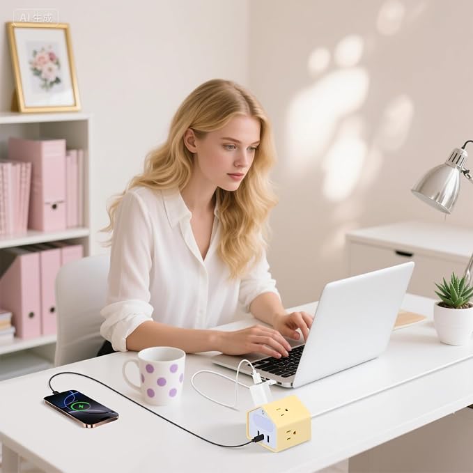 Handy Power Strip with Night Light - Yolk-Yellow Power StripOverload Protection Plug- 20W USB C Charging Station - 4 Outlets + 3 USB Ports for Desk, Nightstand, Couch, Makeup, Electronic Accessories