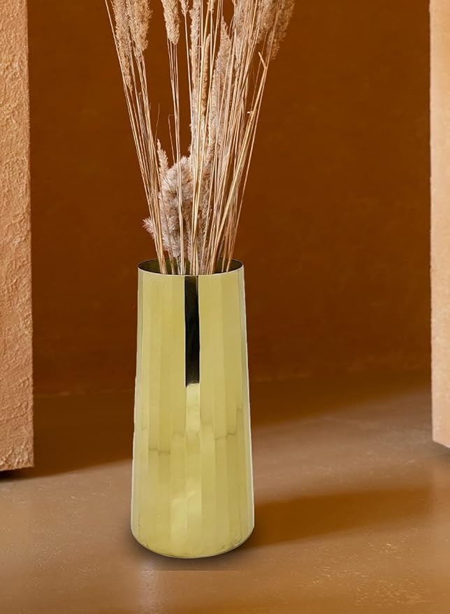 Serene Spaces Living Large Gold Cylinder Metal Vase, Elegant Flower Vase for Wedding, Anniversary, Event, Home Decor, Table Centerpiece for Coffee Table, Dining Table, Countertop, 4.25" Dia & 9" Tall