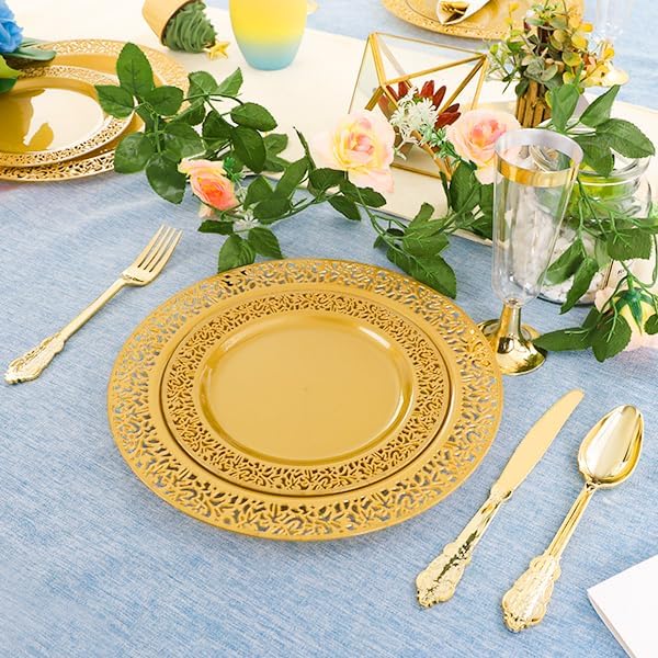 DaYammi 210Pcs Solid Gold Disposable Plates with Silverware and Cups,Gold Plastic Plates for Party Include: 30 Dinner Plate,30 Dessert Plate,30 Rolled Napkins with Cutlery,30 Cups for Party Wedding