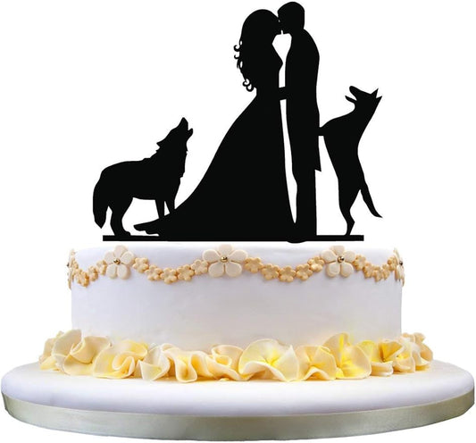 Wedding Cake Topper Silhouette couple kissing with Two Dogs Cake decoration