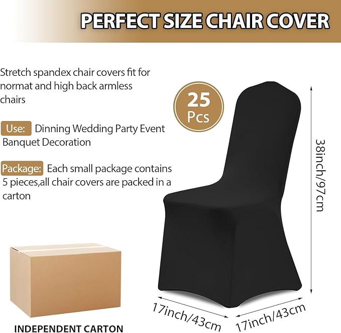 Asnomy Chair Covers Stretch Spandex Chair Covers Universal Fitted Chair Cover Protector for Wedding,Party,Dining and Banquet（Black, 25 PCS