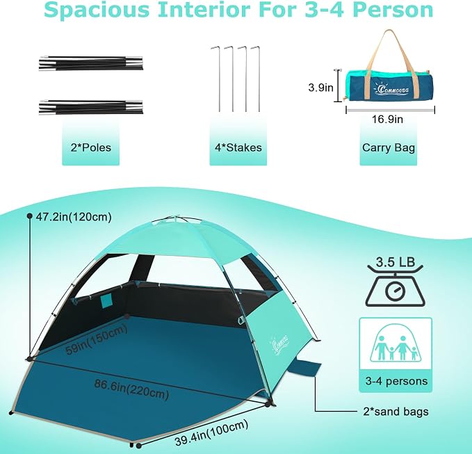 COMMOUDS Beach Tent Sun Shelter for 3/4/6/8 Person, UPF 50+ UV Protection Beach Shade Canopy Tent, Lightweight, Easy Set Up and Carry