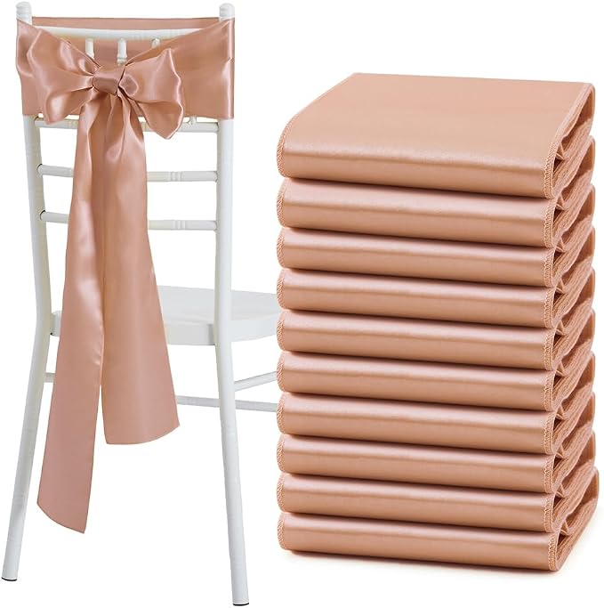 10 Pcs Rose Gold Satin Chair Sashes Bows Universal Chair Cover for Wedding Reception Events Banquets Party, Hotel Event Decorations, 6 x 108 inch