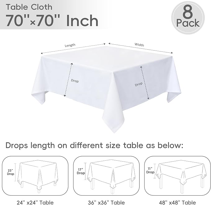 8 Pack White Square Tablecloth 70 x 70 Washable Polyester Table Cloth for Square or Round Tables, Wrinkle Resistant Fabric Decorative Covers for Dining Party Banquet Buffet and Wedding