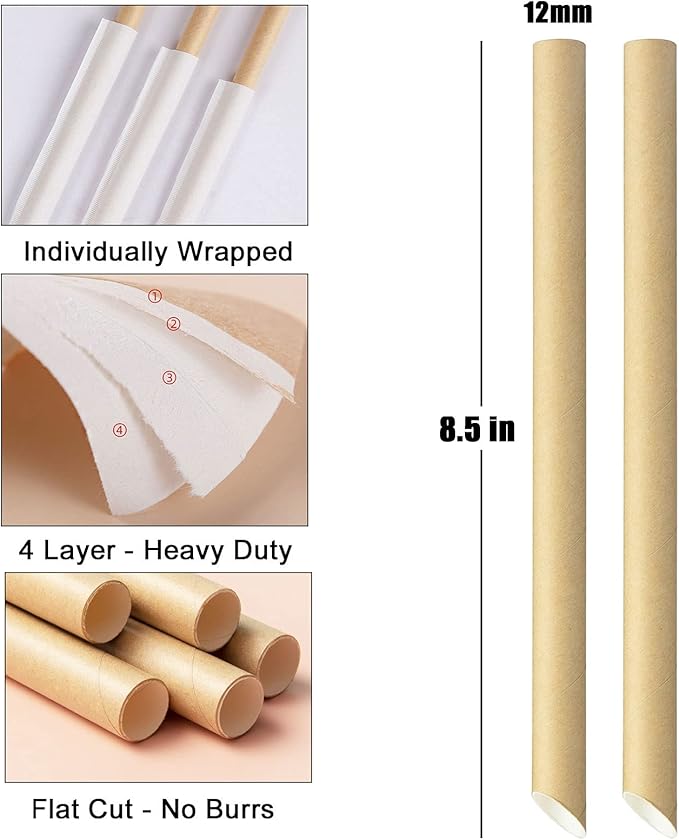 ALINK Pointed Paper Boba Straws, Individually Wrapped, 4-Layer Heavy Duty, 12mm Biodegradable Jumbo Smoothie Straws for Bubble Tea, Tapioca Pearls - Pack of 50