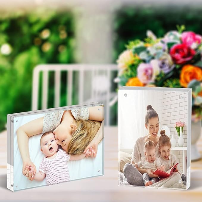 ILYXY 5 Pack Acrylic Frame 4x6, 20% Thicker, 20mm Thick Frameless Clear Picture Frame, Double Sided Magnetic Photo Frame, Free Standing Desktop Display Stand Acrylic Picture Frames