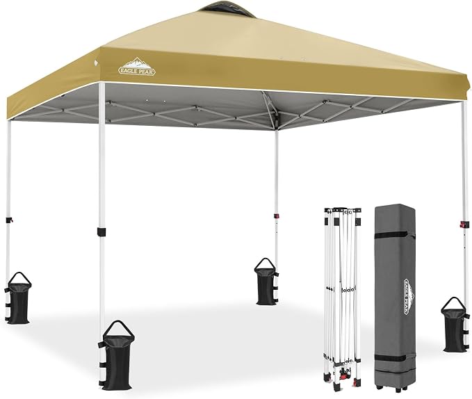 EAGLE PEAK Pop Up Canopy Tent with Wheeled Carry Bag, 8 Stakes, 4 Ropes, 4 Weight Bags, Easy Set Up Tent Canopy, 10x10 ft, 100sqft of Shade, Beige
