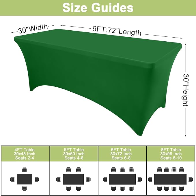 Moosfor Spandex Elastic Fitted 6FT Rectangle Tablecloth 6 Pack, Stretch Washable Reusable Table Cover for Outdoor Picnic, Dining, Wedding, Banquet & Party Events (Emerald Green, 72Lx30Wx30H Inch)
