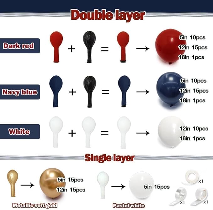 Red White Blue Balloon Arch Double Stuffed, Navy Blue Dark Ruby Red Balloon Garland Kit with Latex Gold for Birthday 4th Of July Patriot Graduation Independence Day Veterans Day Party Decoration