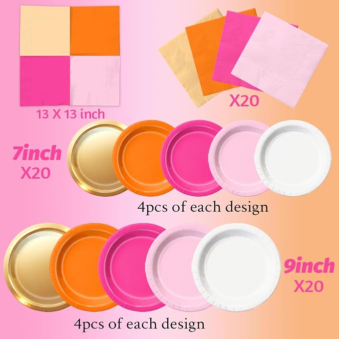 CMUSKO Pink and Orange Party Decorations - 60Pcs Sunset Tropical Plates and Napkins Pink Pumpkin Halloween Tableware for Birthday,Baby Shower, Bachelorette Party