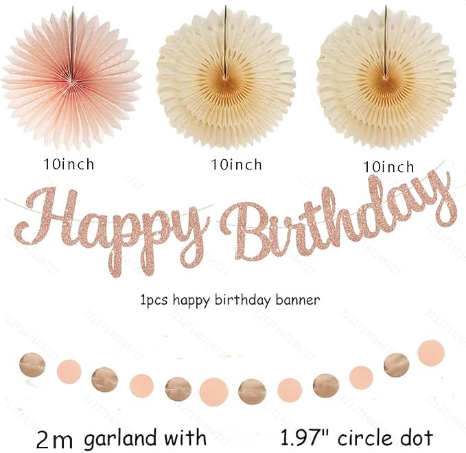 Boho Happy Birthday Party-Decorations Champagne-Gold Beige 34pcs Hanging Swirls,Tissue Paper Pompoms,Circle Dots Garland,Tassel Garland (Champagne Gold Birthday Set)