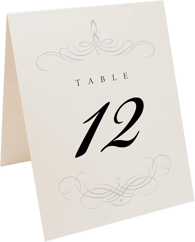 Decadent Flourish Wedding Table Numbers (Select Color/Quantity), Champagne, Silver, 1-40, Double Sided, Tent or Use in a Stand, Great for Parties & Restaurants - Made in the USA