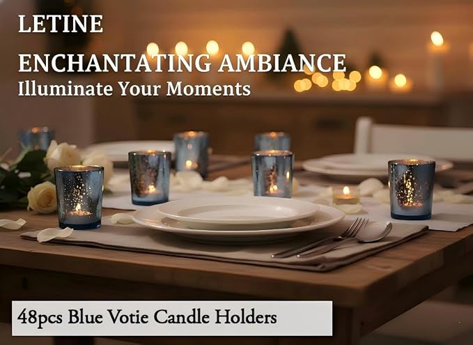 LETINE 48pcs Blue Votive Candle Holders – Glass Tea Light Candles Holder, Standard Votive Size for Regular Votive Candles – Bulk Candle Holder for Summer Weddings, Waterfront Venues, Home Decor