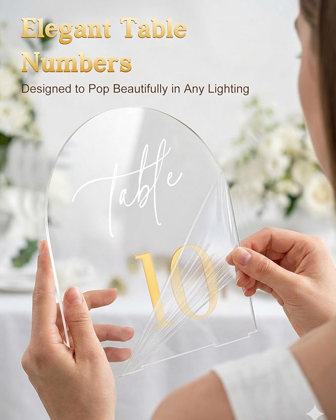Arched Wedding Table Numbers 1-10 with Stands 5.5 x 7” Gold Number Clear Acrylic Table Numbers Signs for Wedding Reception, Anniversary, Event, Party(1-10)