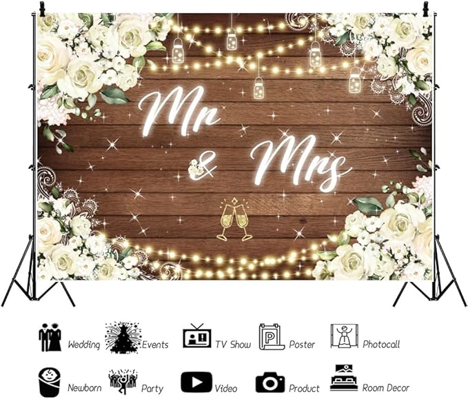 9x6ft Mr and Mrs Floral Backdrop for Bridal Shower White Flowers Photography Background Couple Wedding Party Decorations Bride Engagement Banner Props