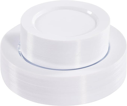 Fijinhom 100PCS White Disposable Plates for 50 Guests Including 50PCS 10" Dinner Plates & 50PCS 7" Dessert Plates, White