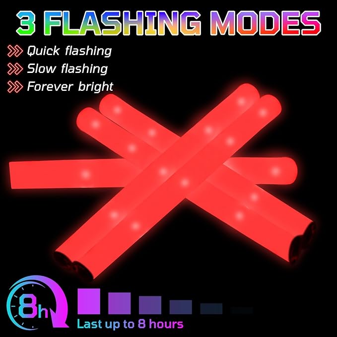 Foam Glow Sticks Bulk, 40 Pack Red Light Up Foam Sticks 3 Modes Flashing, Glow Party Supplies for Valentine's Day, Wedding,Raves, Carnival, Concert, 4th of July, Halloween, Christmas