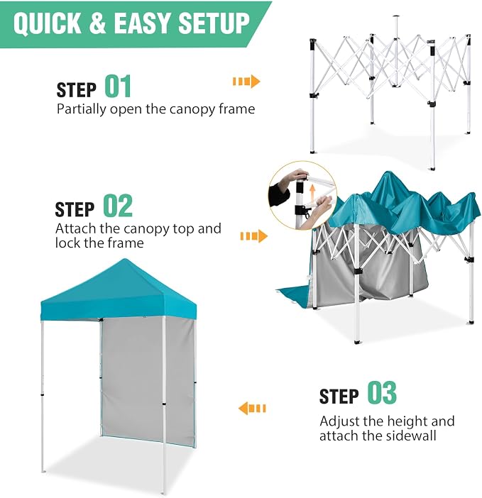 5x5 Pop Up Canopy Tent with One Sidewall, Instant Portable Beach Canopy, Outdoor Tent with Carry Bag for Camping, Sports, Tailgating, Events, Turquoise