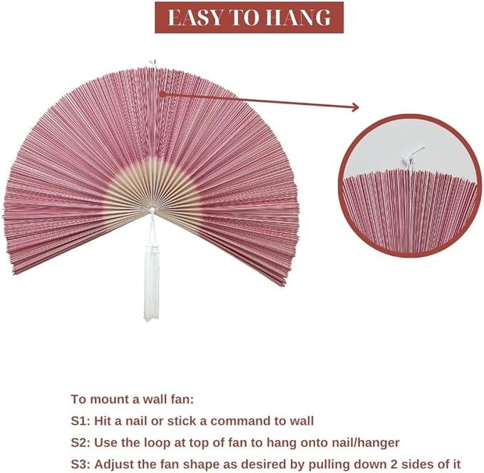 Fan Wall Decor,Japanese Chinese Walls Fan Décor, Boho Hanging Headboard,Decorative Folding Fans for Over Bed Decorations (Redpink 48inch)