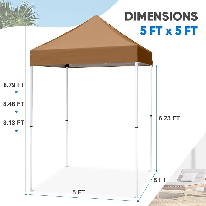 COOS BAY 5x5 Pop Up Canopy Tent, Portable Lightweight Sun Shelter with Carry Bag, Easy Setup Outdoor Canopy for Beach, Camping, Sports & Backyard Shade, Khaki