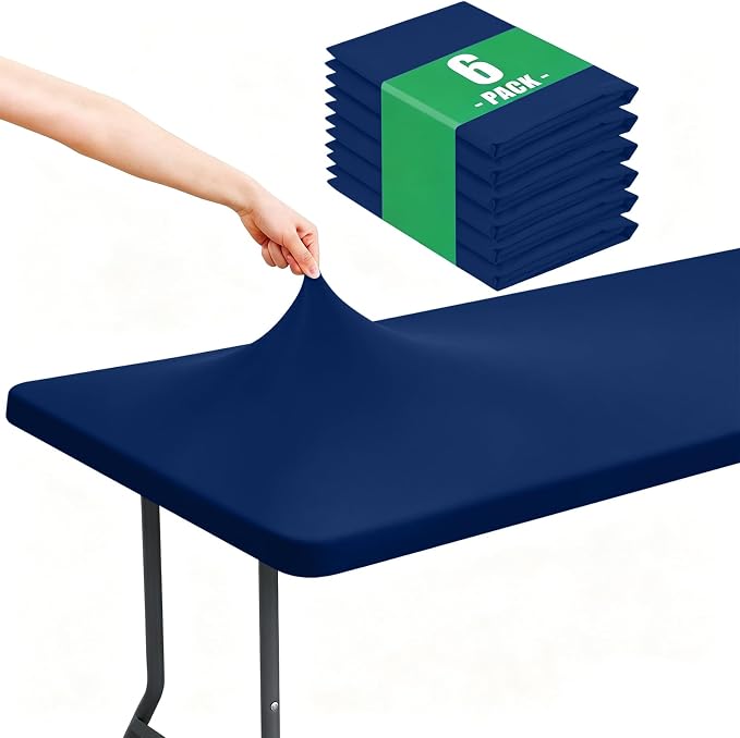 Moosfor Spandex Rectangle Table Cloth 6 Pack, Elastic Fitted Tablecloths for Picnic, Stretch Washable Patio Table Cover for Outdoor, Camping, Banquet and Parties (Navy, 36"x96")