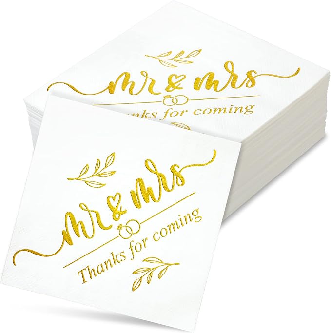 200 Pcs Wedding Napkins for Reception Disposable Bridal Shower Napkins Gold Foil Wedding Decorations Mr and Mrs Napkins for Engagement Party Decoration Cocktail Beverage Dessert (Simple Styles)
