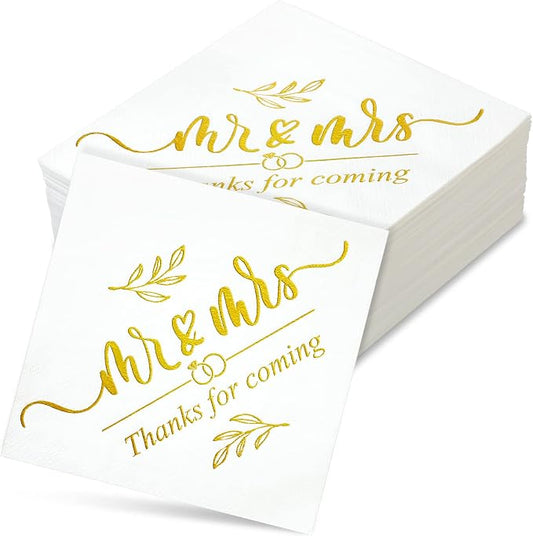 200 Pcs Wedding Napkins for Reception Disposable Bridal Shower Napkins Gold Foil Wedding Decorations Mr and Mrs Napkins for Engagement Party Decoration Cocktail Beverage Dessert (Simple Styles)