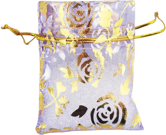 QIANHAILIZZ 100 Pack 2.8 x 3.5 Inch Flower Heart Organza Jewelry Gift Pouch Candy Pouch Drawstring Wedding Favor Bags B511S (lilac gold flower)