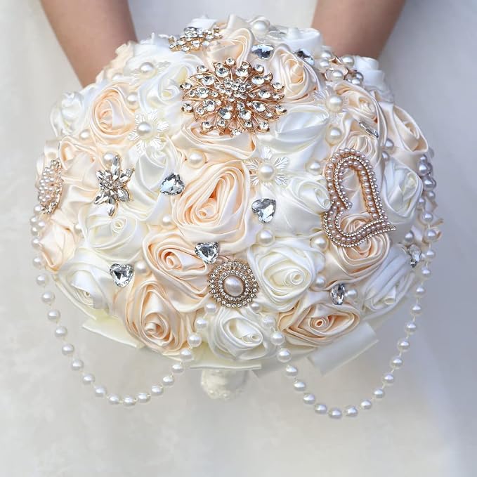 Ivory and Champagne Bridal Wedding Bouquet with Rhinestone Brooch Pearl String Cascade Bouquet for Bride Bridesmaid Quinceanera Satin Rose Flower Bouquet Wedding Champagne and Ivory 9.8in