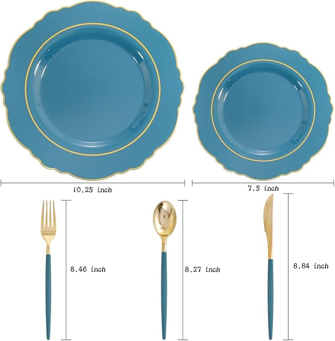 Nervure 100PCS Teal Plastic Plates With Gold Rim & Gold Disposable Silverware with Teal Handle Include 40 Plates, 60 Plastic Sivlerware for Party & Wedding