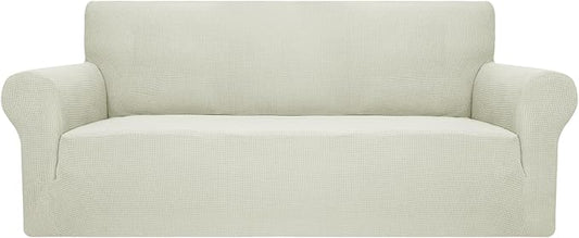 JIVINER High Stretch Couch Covers for 3 Cushion Couch, 1-Piece Jacquard Sofa Slipcovers Fitted Washable Sofa Covers with Elastic Bottom Furniture Protector for Kids Pets (Sofa, Natural)