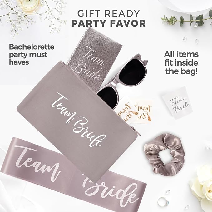 16 Piece Team Bride Bachelorette Party Favors Kit – Bridesmaid Proposal Gifts & Bachelorette Accessories | Decorations, Makeup Bags, Sashes, Sunglasses, Cups & More (Silver 2 Pack, 16)