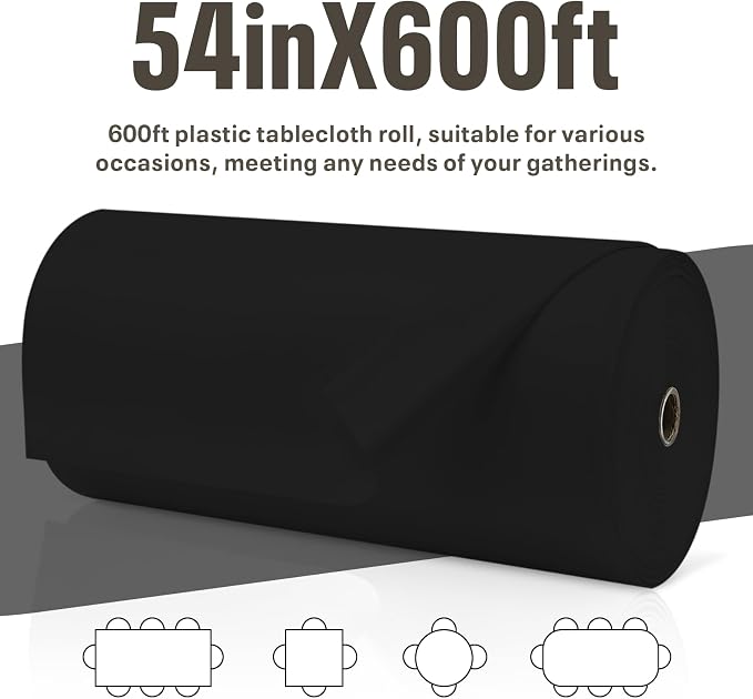 54IN X 600FT Plastic Table Cover Roll, Plastic Table Cloths for Parties, Birthday, Weddings, Banquet,Disposable Tablecloth Roll for All Shape Tables,Party Supplies. (Black, 54 Inch X 600 Feet)