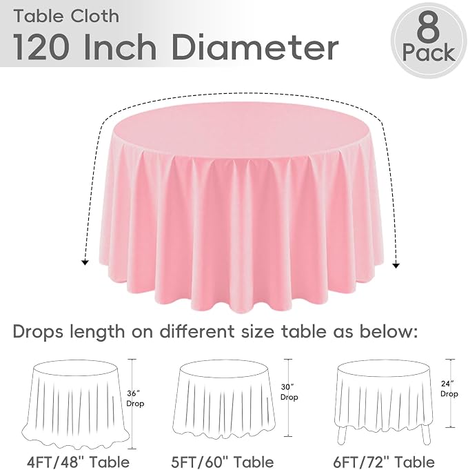8 Pack Pink Round Tablecloth 120 Inch Table Cloth for Round Tables, Washable Polyester Fabric Stain and Wrinkle Resistant Decorative for Summer Wedding Party Dining Banquet