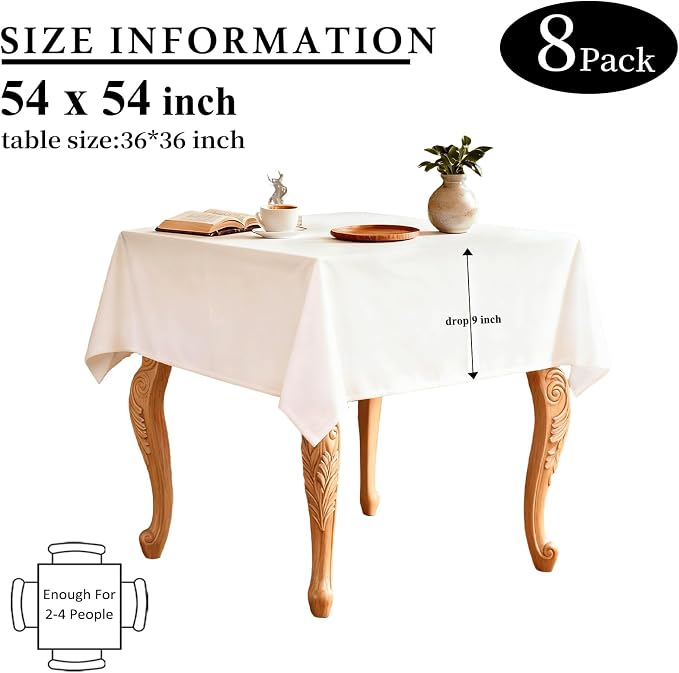 8 Packs White Table Cloth 54x54 Inch for Square Tables, Wrinkle Resistant Polyester Fabric Tablecloth Washable Rectangular Table Covers for Dining Wedding Party Buffet