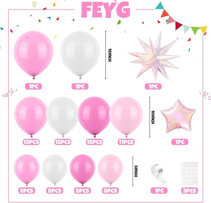 Pearl Pink White Balloon Arch Kit, Pearl Pink Pearl White Balloon Garland Kit with Star Balloon for Themed Birthday Wedding Baby Shower Gender Reveal Bridal Wedding Party Decoration