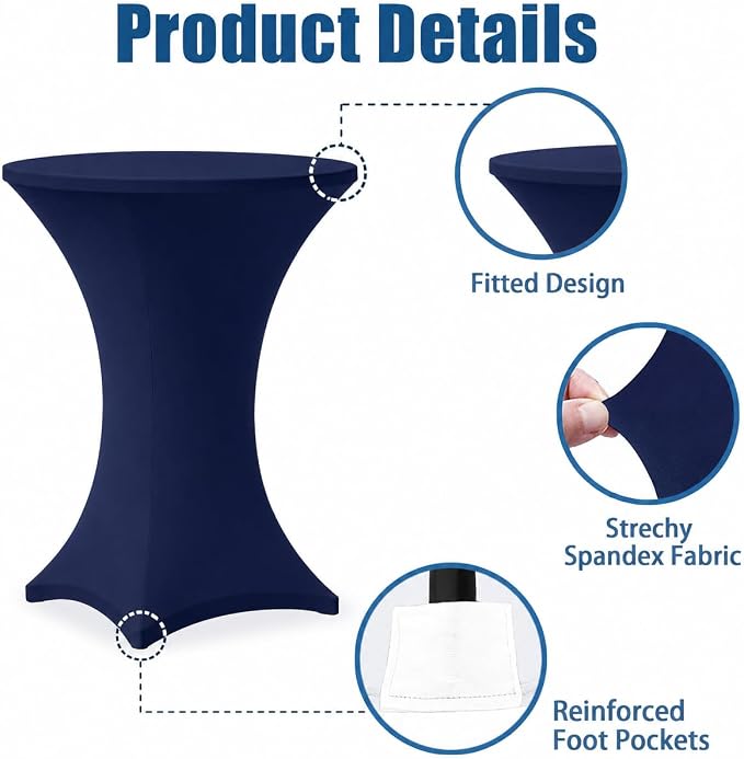 Cocktail Table Covers - 6 Pack 32x43 Inch Table Cloth - Navy Blue Fitted Stretch Spandex Round High Top Tablecloth for Party, Bar, Birthday, Pub, Banquet