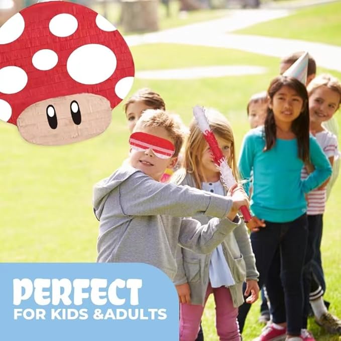 Mushroom Pinatas Bundle with a Blindfold and a Bat(16.5 x 12 x 3.5 Inches), Perfect for kid's Birthday Parties, Mexican Theme Parties, Decorations