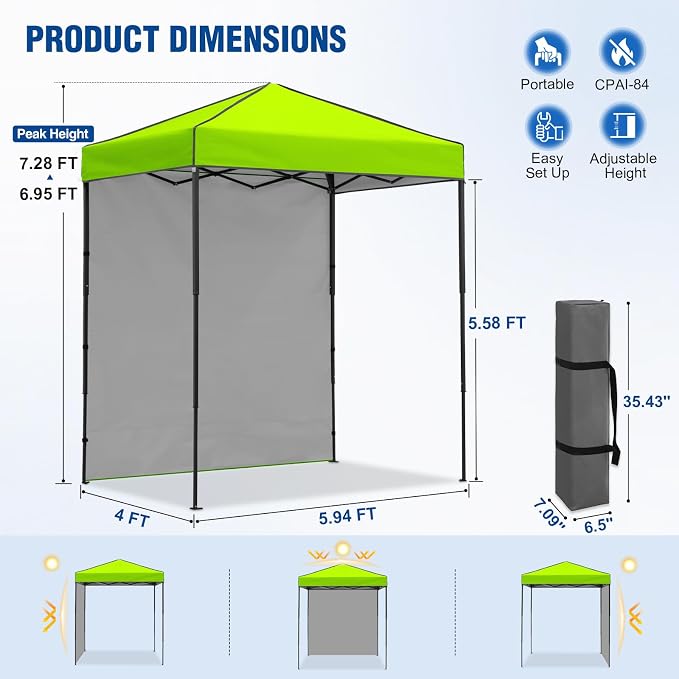 6x4 Pop Up Canopy Tent with One Wall Panel, Instant Portable Beach Canopy, Outdoor Tent with Carry Bag for Camping, Sports, Tailgating, Events, Neon Green