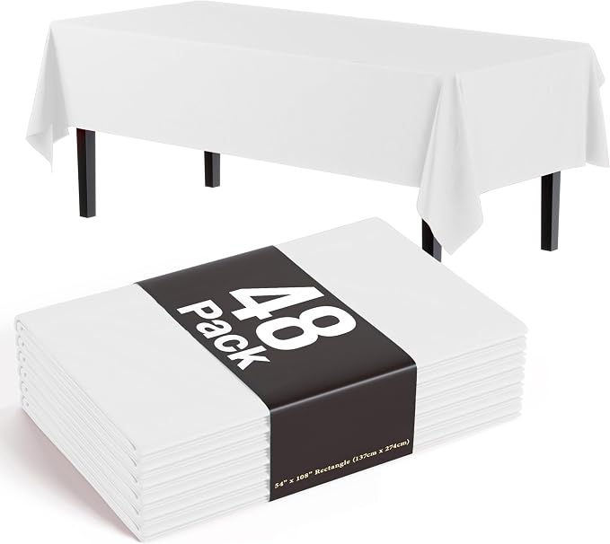 Exquisite White Tablecloths for Rectangle Tables 48 Pack Plastic Table Cloth Disposable 54" X 108" White Table Cloths Rectangle Tablecloth Plastic Tablecloths Rectangular for Party Supplies
