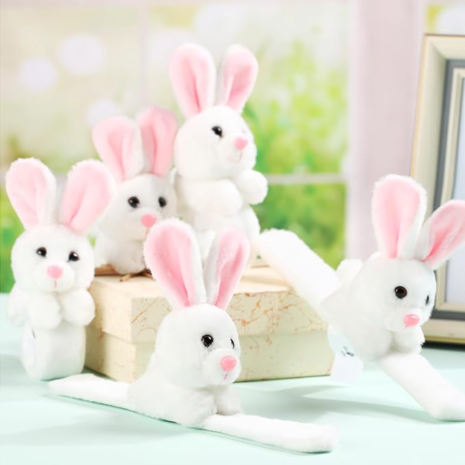 Lenwen 8 Pcs Stuffed Bunny Rabbit Animals Slap Bracelets for Kids 8.66 Inch Back to School Plush Animal Bracelets Adopt a Bunny Party Favors Wrist Slap Snap Band Toy for Boys Girls Birthday Gifts