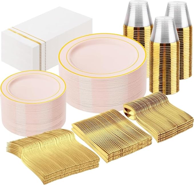GATHER 350PCS Pink Plastic Plates - Disposable Plastic Dinnerware Set Include 100 Pink Plates, 150 Silverware, 50 Napkins, 50 Cups for Party & Wedding & Baby Shower & Mother‘s Day