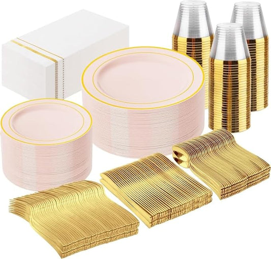GATHER 350PCS Pink Plastic Plates - Disposable Plastic Dinnerware Set Include 100 Pink Plates, 150 Silverware, 50 Napkins, 50 Cups for Party & Wedding & Baby Shower & Mother‘s Day