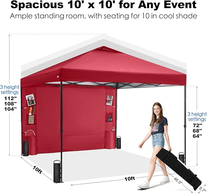 GAFETE 10×10 Pop Up Canopy Tent with 1 Pockets Sidewall, Easy up Sun Shade with One Push Setup, Portable Instant Outdoor Canopy Tent for Events Parties Camping with Carrying Bag (Red, 10x10 FT)